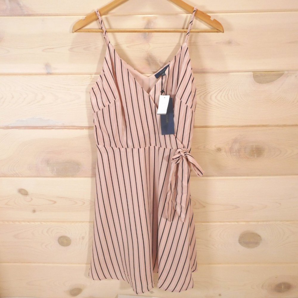 Eclair Women's size Small Faux Wrap Dress Pink Vertical Stripes Side Zip
